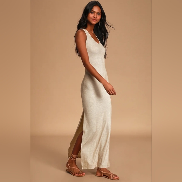 Lulus Relaxed but Not Least Beige Ribbed Sleeveless Maxi Dress Size XS - Picture 2 of 6